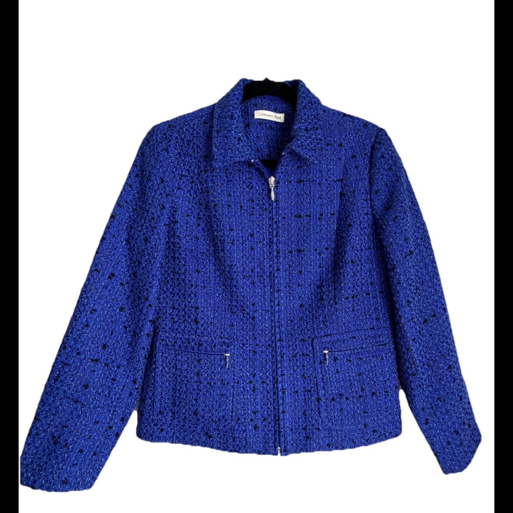 Coldwater Creek Blue Woven Tweed Full Zip Cropped Blazer Jacket Size P6